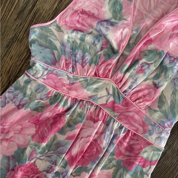 Vtg Lorraine Empire Waist Plunge Neck Maxi Nightgown Slip Dress Sz M Pink Floral - Picture 11 of 13